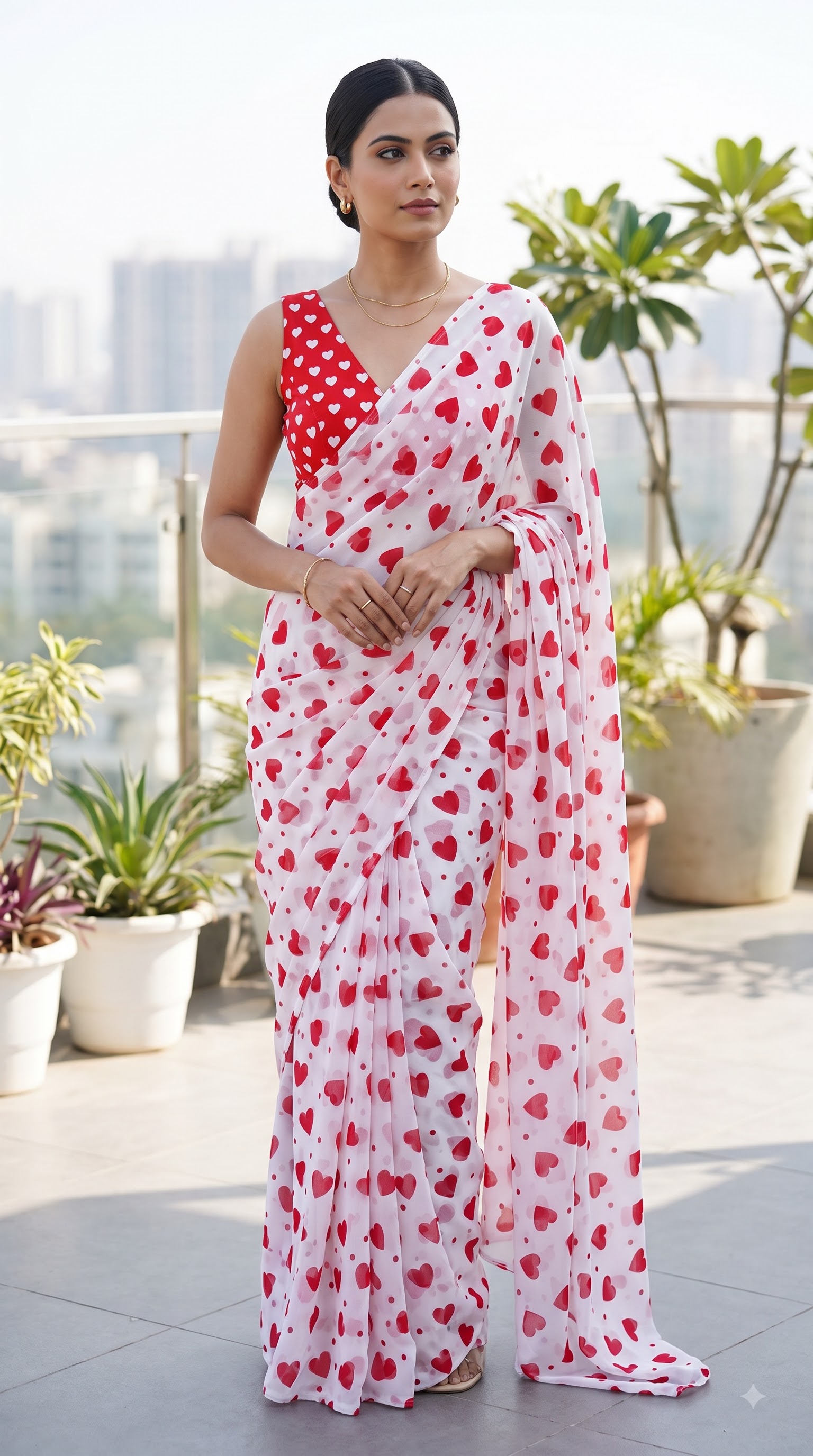 Women White & Blue Heart Print Dola Silk Saree with Blouse Piece