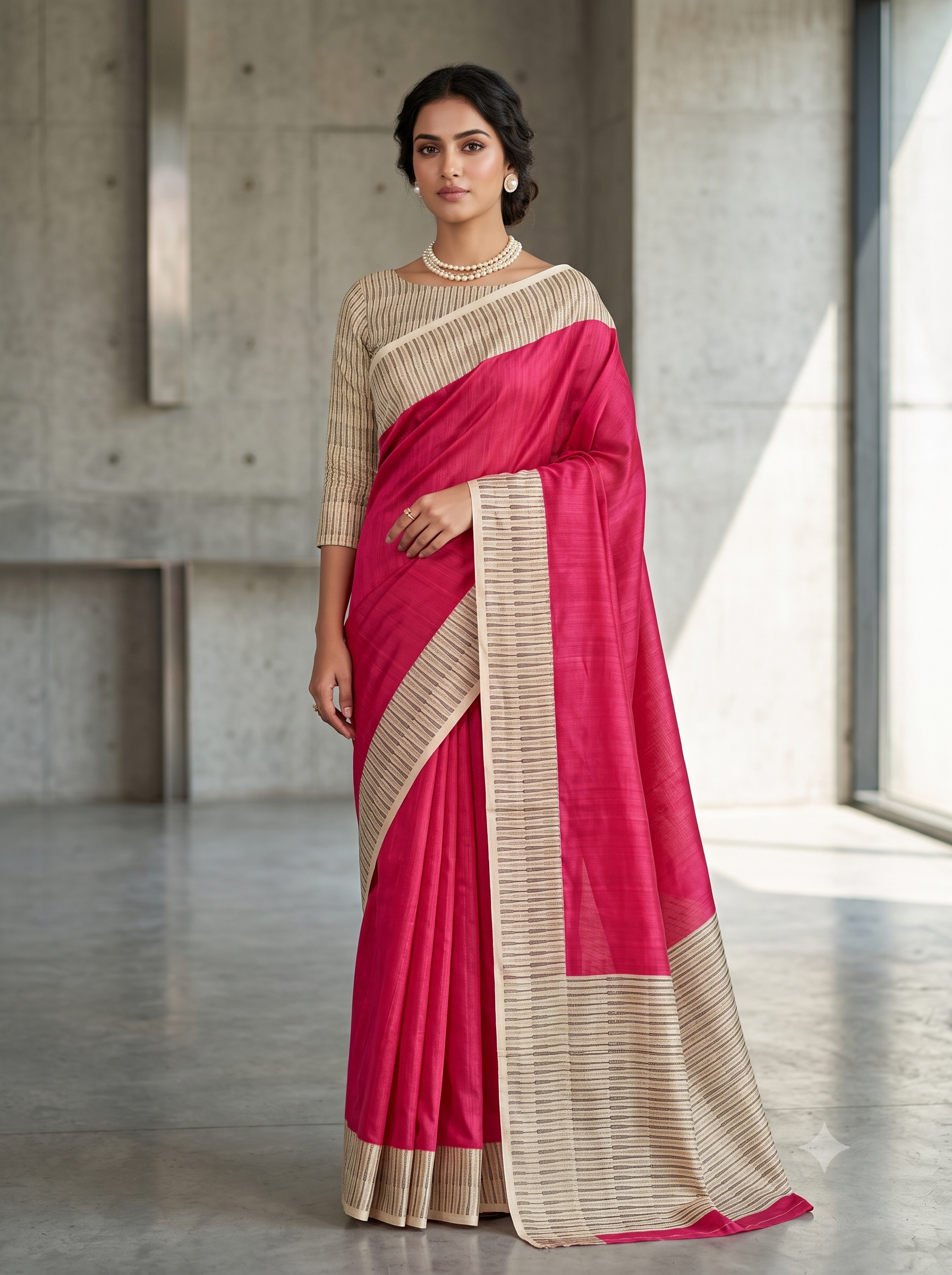 PINK & IVORY STRIPED ART SILK SAREE WITH RUNNING BLOUSE